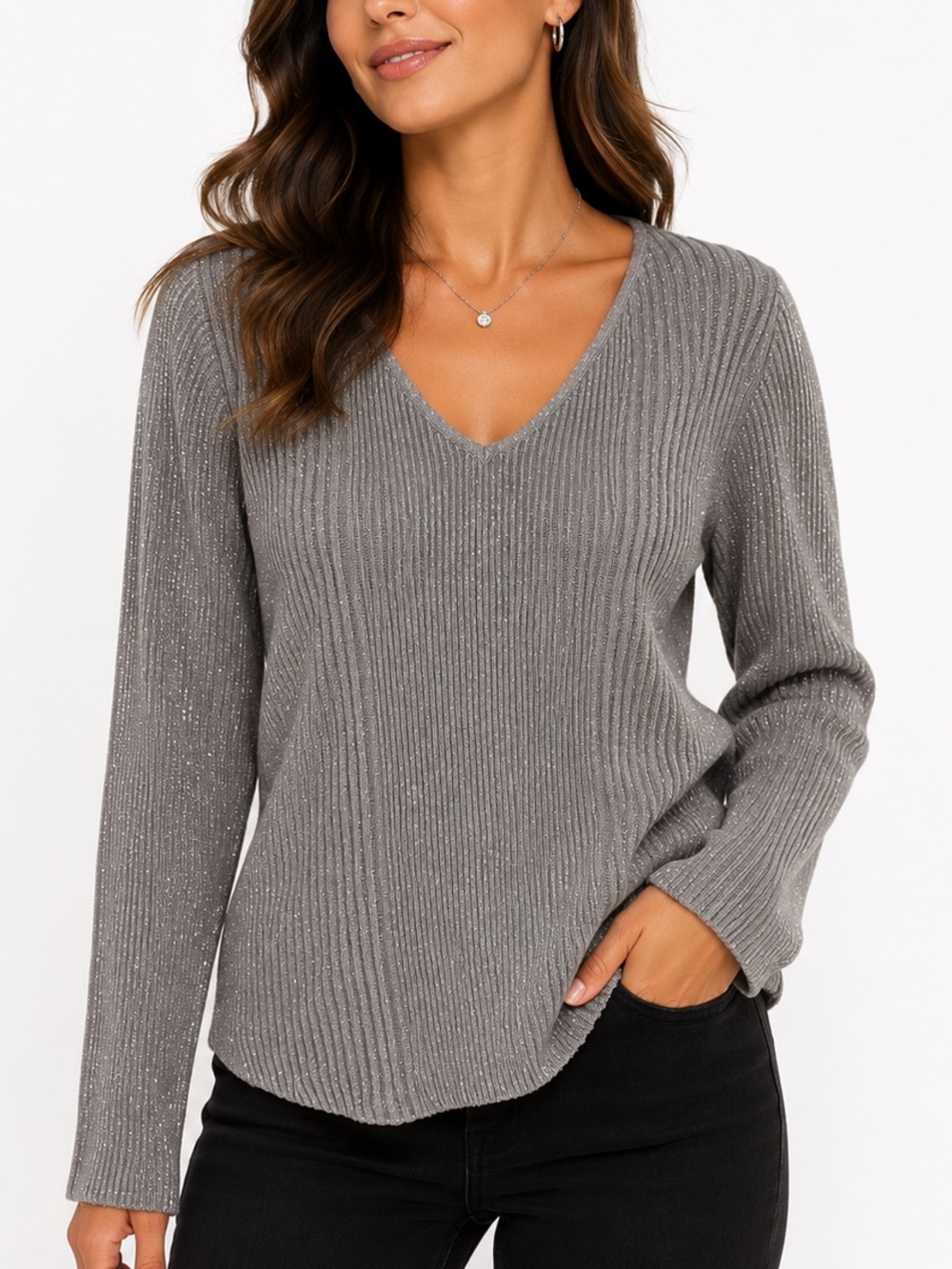 Alfani Gray Metallic Ribbed V-Neck Sweater | Shimmer Knit | Size M
